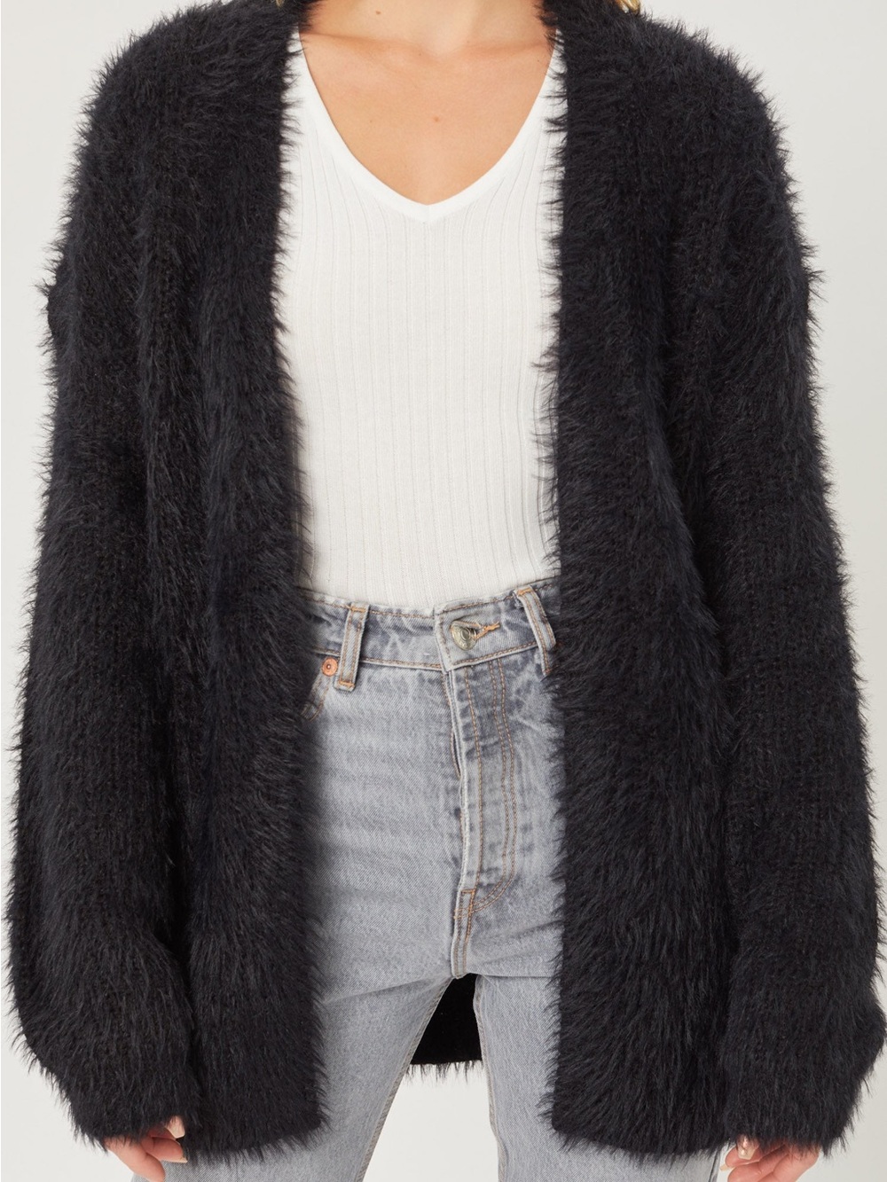 AE Woah So Cozy Black Fuzzy Open-Front Women’s Sweater Cardigan